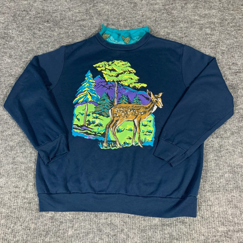 Vintage Carol Wright Sweatshirt Womens L Blue Deer Nature Mock Neck Pullover 90s